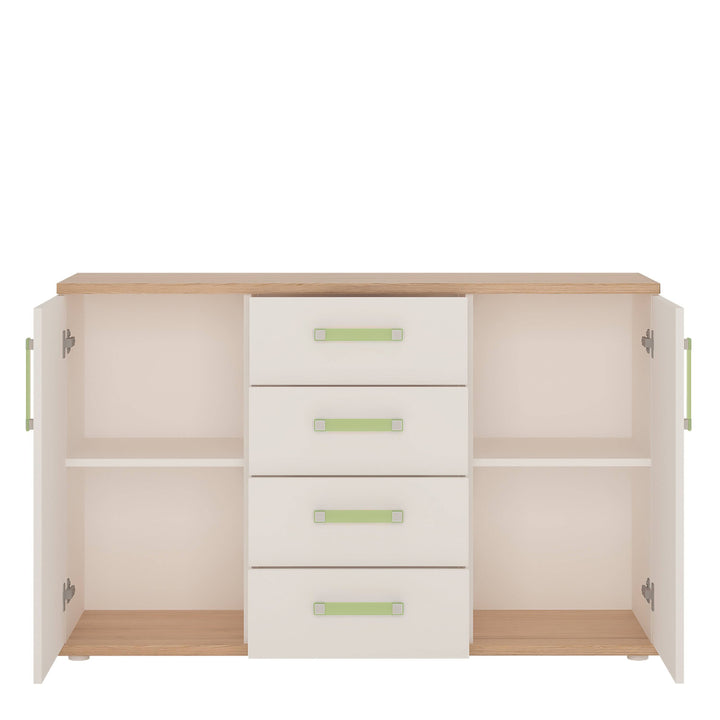 4Kids 2 Door 4 Drawer Sideboard in Light Oak and white High Gloss (lemon handles) - TidySpaces