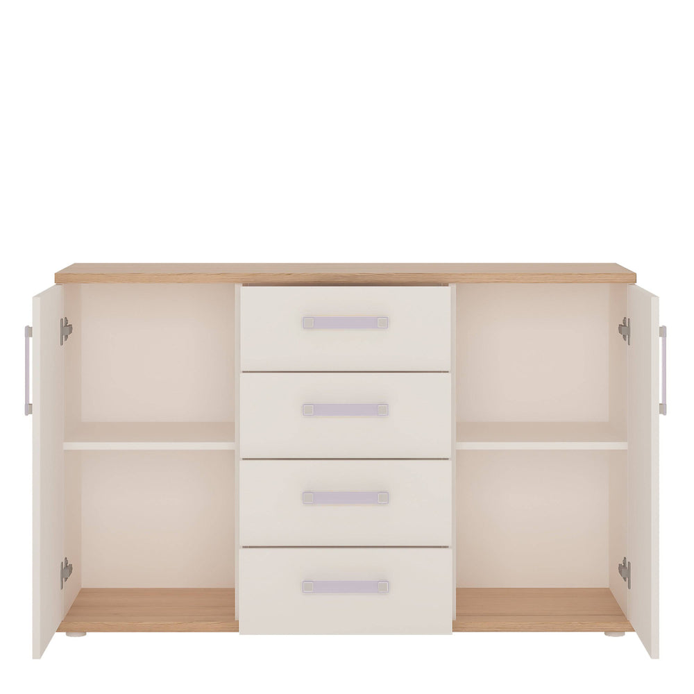 4Kids 2 Door 4 Drawer Sideboard in Light Oak and white High Gloss (lilac handles) - TidySpaces