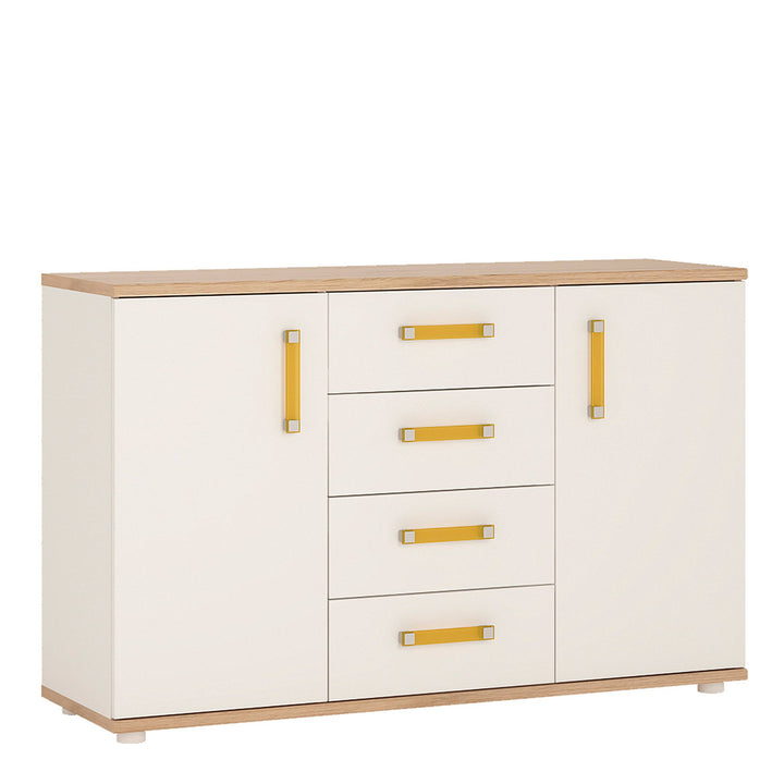 4Kids 2 Door 4 Drawer Sideboard in Light Oak and white High Gloss (orange handles) - TidySpaces