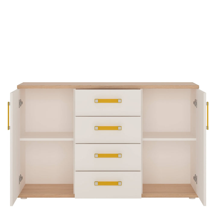 4Kids 2 Door 4 Drawer Sideboard in Light Oak and white High Gloss (orange handles) - TidySpaces