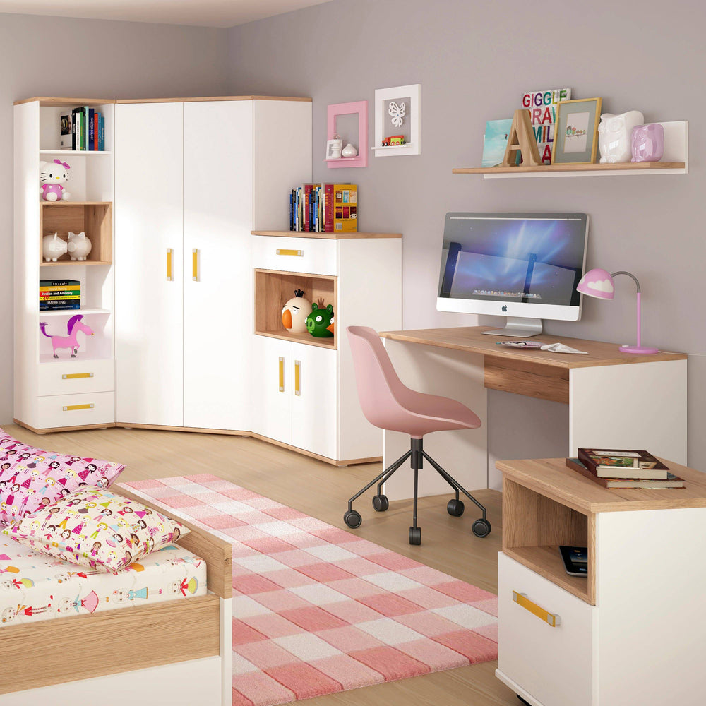 4Kids 2 Door 4 Drawer Sideboard in Light Oak and white High Gloss (orange handles) - TidySpaces