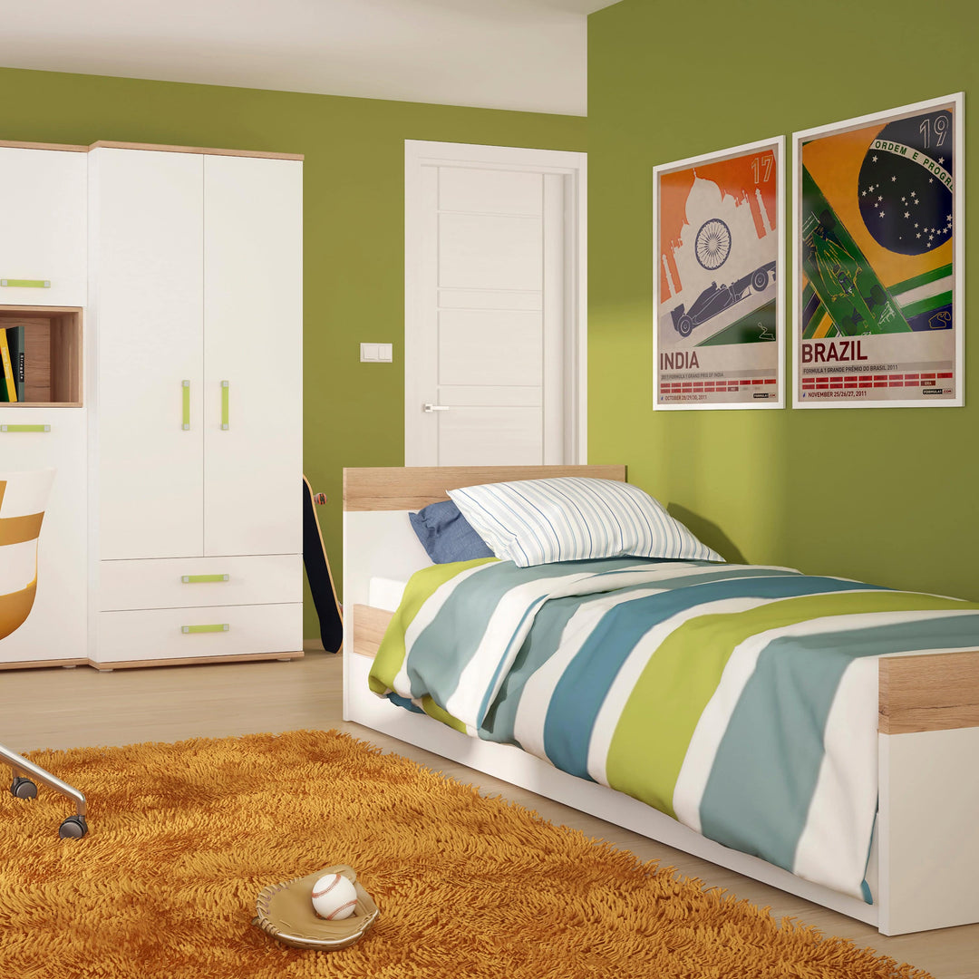 4Kids Single Bed with under Drawer in Light Oak and white High Gloss (lemon handles) - TidySpaces