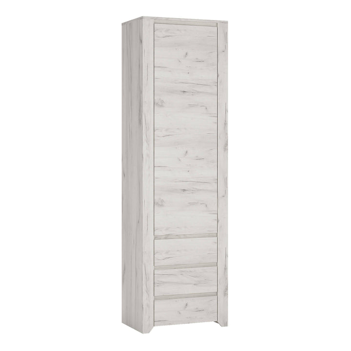 Angel Tall Narrow One Door 3 Drawer Narrow Cupboard in White Craft Oak - TidySpaces