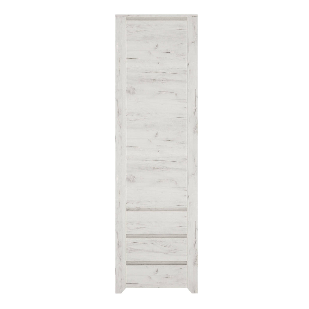 Angel Tall Narrow One Door 3 Drawer Narrow Cupboard in White Craft Oak - TidySpaces