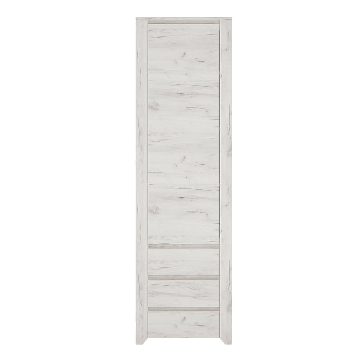 Angel Tall Narrow One Door 3 Drawer Narrow Cupboard in White Craft Oak - TidySpaces