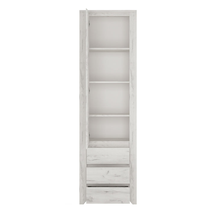 Angel Tall Narrow One Door 3 Drawer Narrow Cupboard in White Craft Oak - TidySpaces