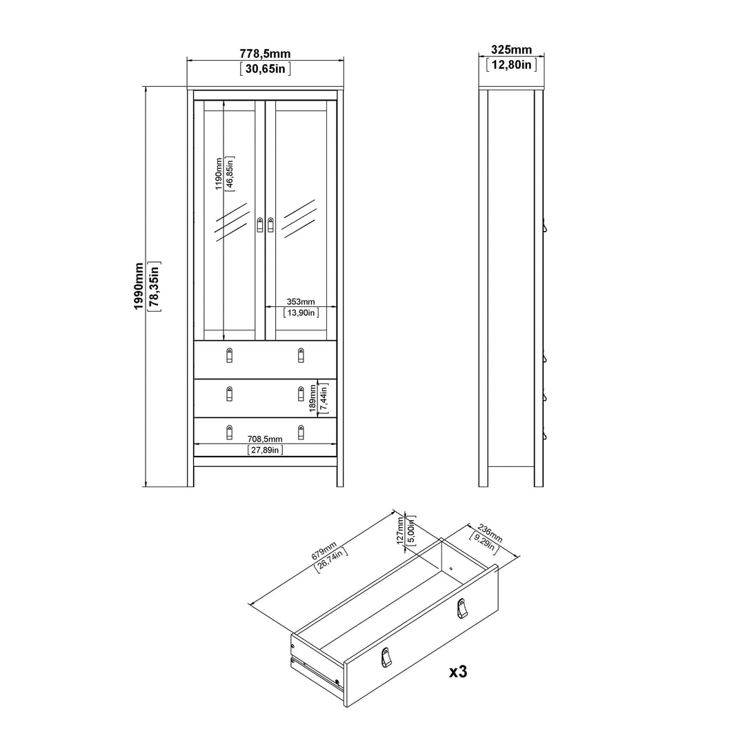 Barcelona China cabinet 2 doors w/glass + 3 drawers in Matt Black - TidySpaces