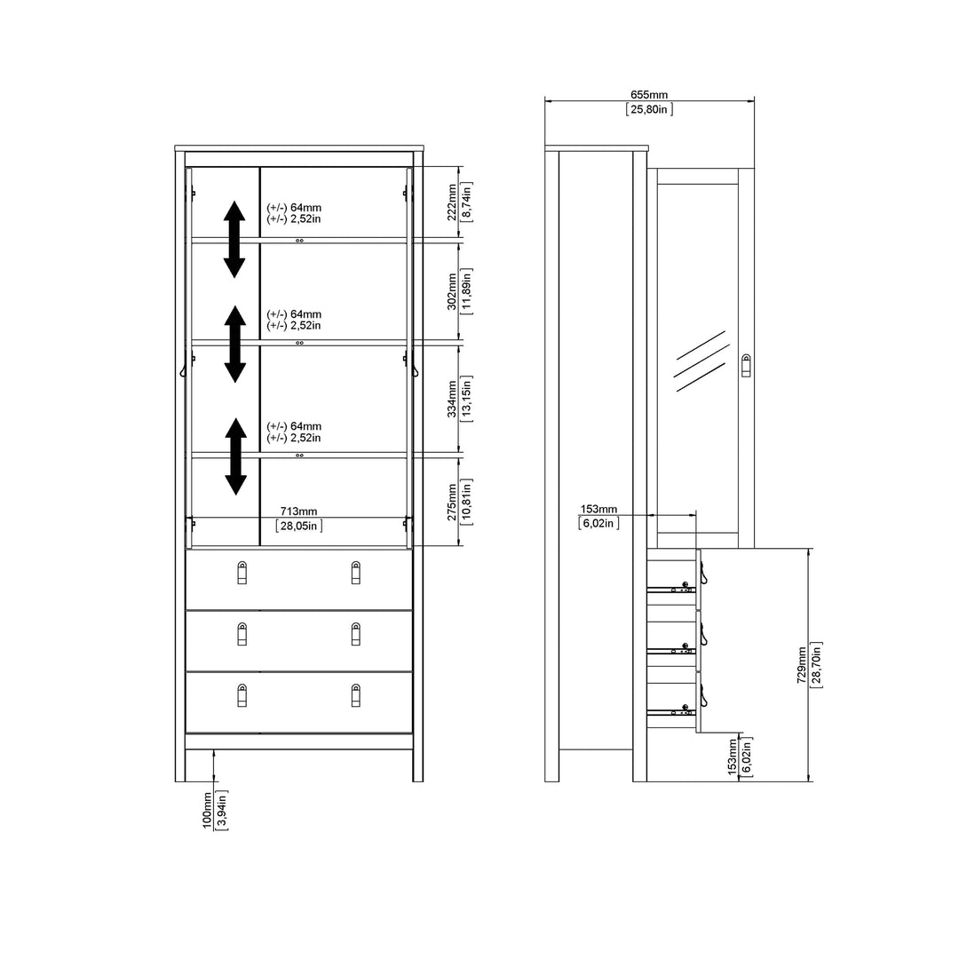 Barcelona China cabinet 2 doors w/glass + 3 drawers in Matt Black - TidySpaces