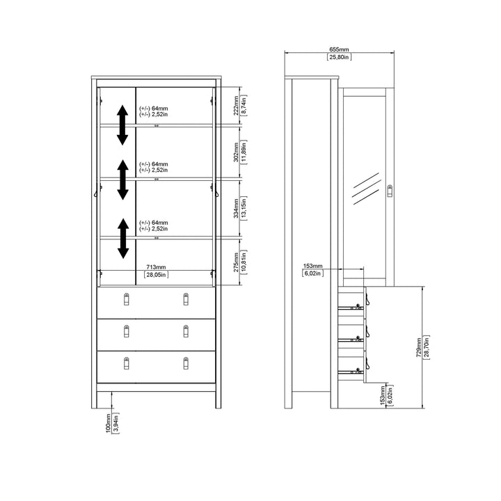 Barcelona China cabinet 2 doors w/glass + 3 drawers in Matt Black - TidySpaces