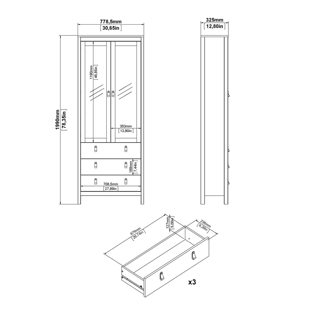 Barcelona China cabinet 2 doors w/glass + 3 drawers in White - TidySpaces