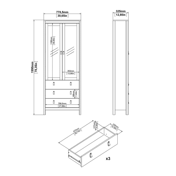 Barcelona China cabinet 2 doors w/glass + 3 drawers in White - TidySpaces