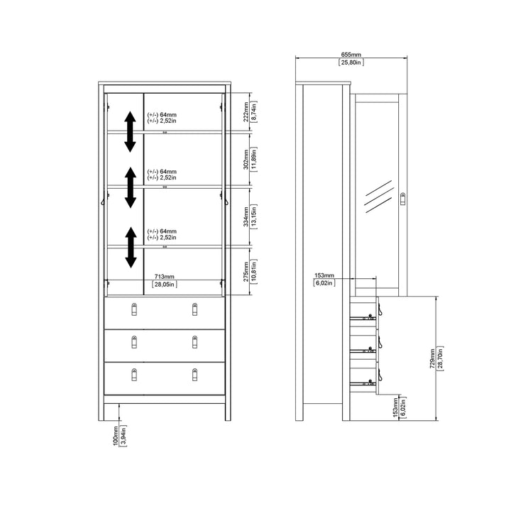 Barcelona China cabinet 2 doors w/glass + 3 drawers in White - TidySpaces