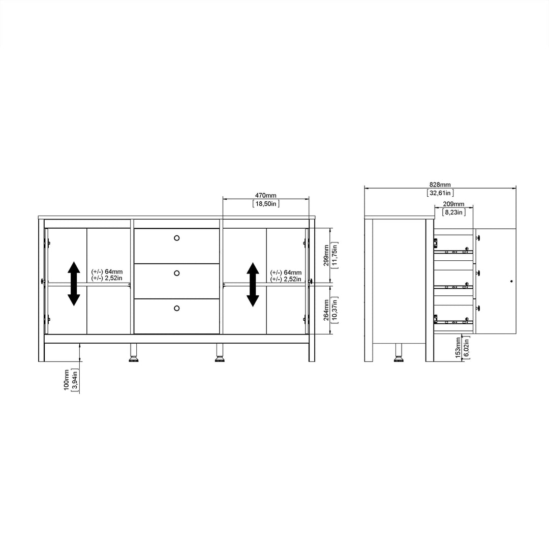 Barcelona Sideboard 2 doors + 3 drawers  in Matt Black - TidySpaces