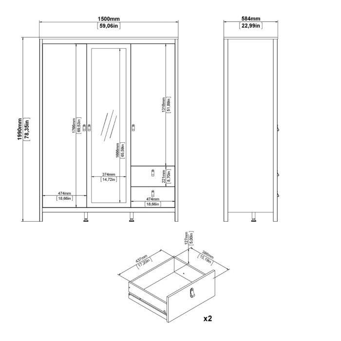 Barcelona Wardrobe with 2 doors + 1 mirror door + 2 drawers White - TidySpaces