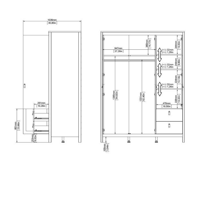 Barcelona Wardrobe with 2 doors + 1 mirror door + 2 drawers White - TidySpaces