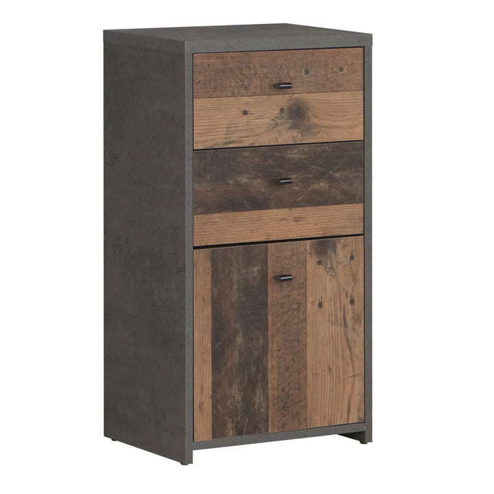 Best Chest Storage Cabinet 2 Drawers 1 Door in Concrete Optic Dark Grey/Old - Wood Vintage - TidySpaces