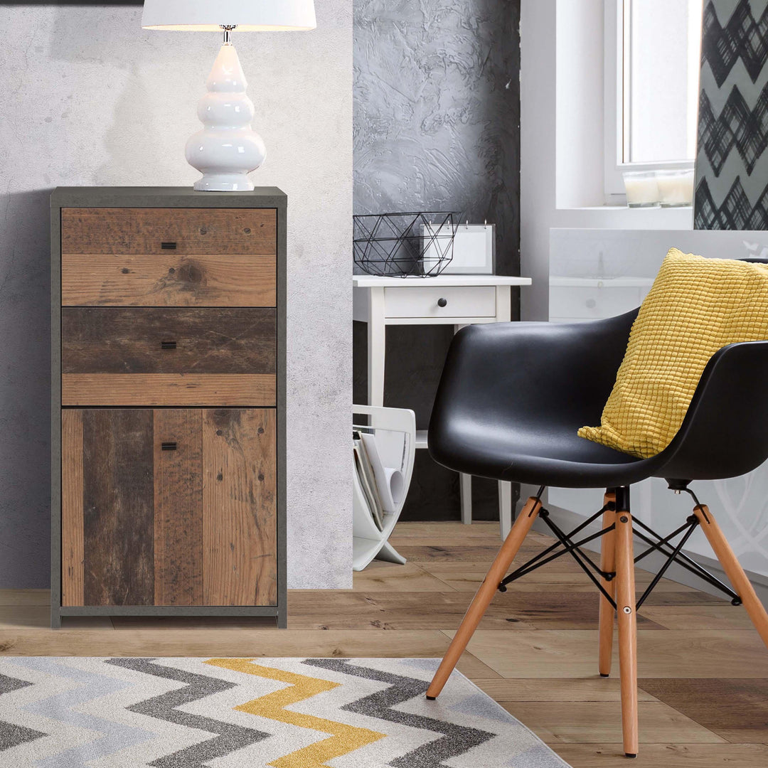 Best Chest Storage Cabinet 2 Drawers 1 Door in Concrete Optic Dark Grey/Old - Wood Vintage - TidySpaces