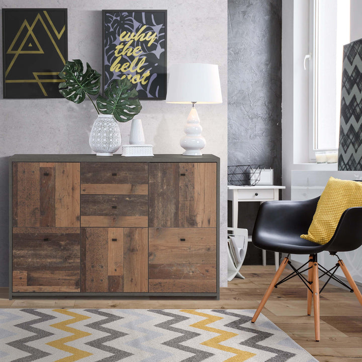Best Chest Storage Cabinet with 2 Drawers and 5 Doors in Concrete Optic Dark Grey/Old - Wood Vintage - TidySpaces