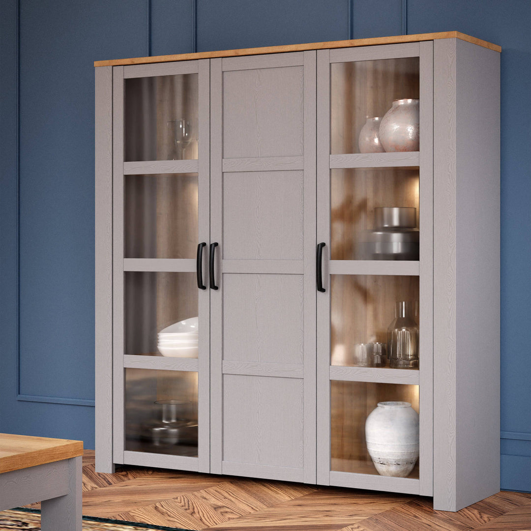 Bohol Large Display Cabinet in Riviera Oak/Grey Oak - TidySpaces