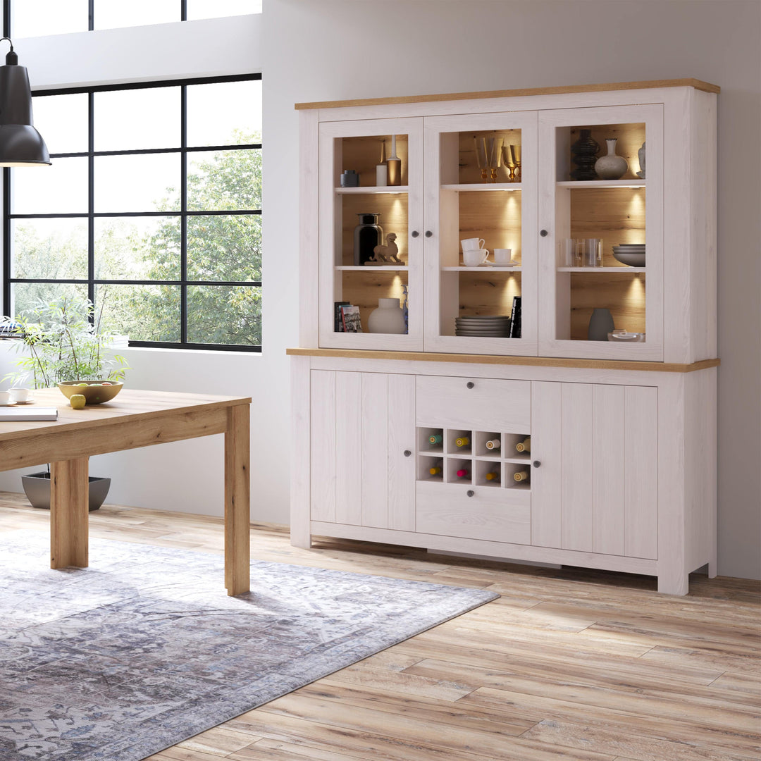 Celesto 2 Door 2 Drawer Sideboard with 3 Door Display Top Unit in White and Oak - TidySpaces