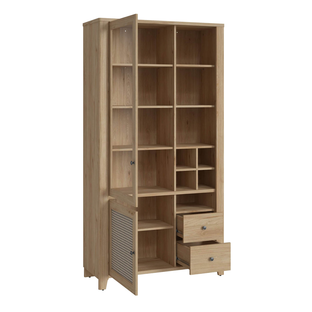 Cestino 2 Door 2 Drawer Display Cabinet in Jackson Hickory Oak and Rattan Effect - TidySpaces