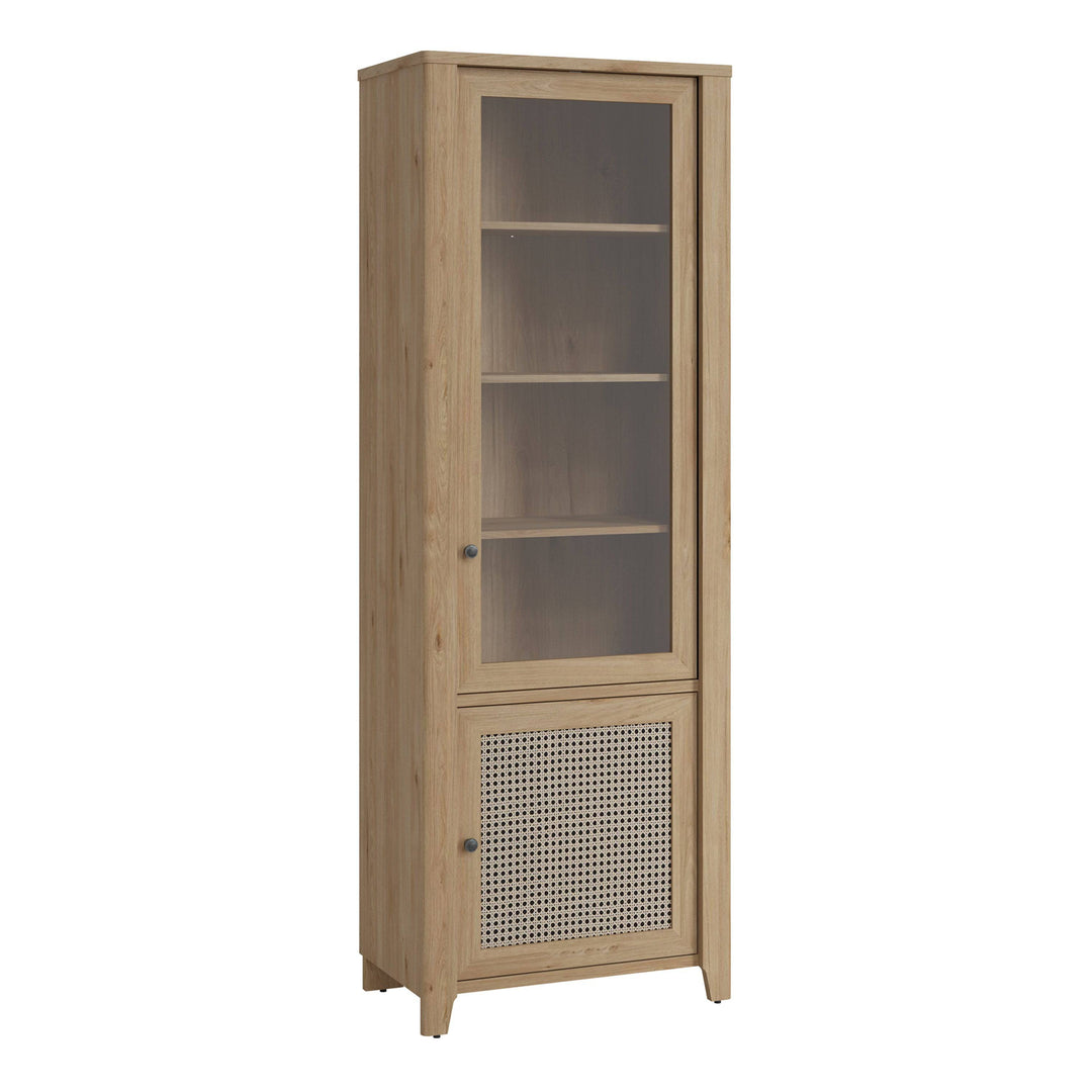 Cestino 2 Door Display Cabinet in Jackson Hickory Oak and Rattan Effect - TidySpaces