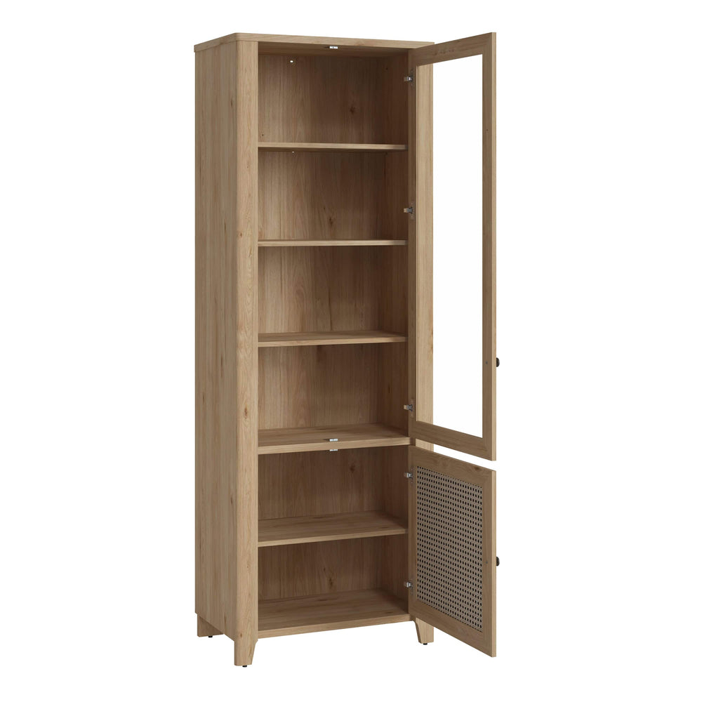 Cestino 2 Door Display Cabinet in Jackson Hickory Oak and Rattan Effect - TidySpaces