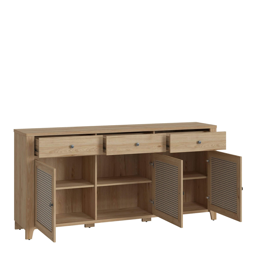 Cestino 3 Door 3 Drawer Sideboard in Jackson Hickory Oak and Rattan Effects - TidySpaces