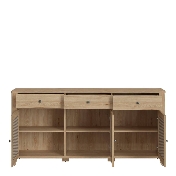 Cestino 3 Door 3 Drawer Sideboard in Jackson Hickory Oak and Rattan Effects - TidySpaces