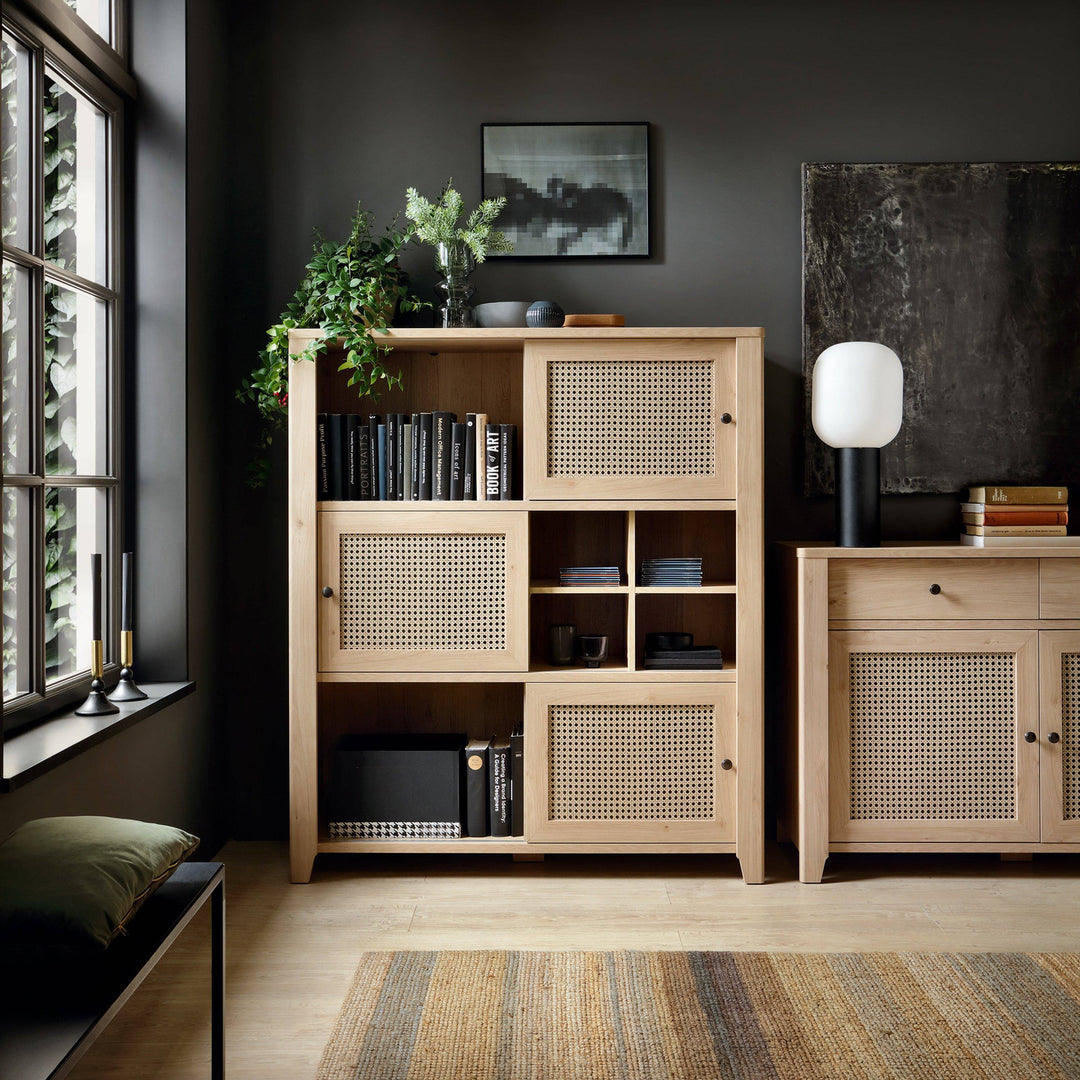 Cestino 3 Door 3 Drawer Sideboard in Jackson Hickory Oak and Rattan Effects - TidySpaces