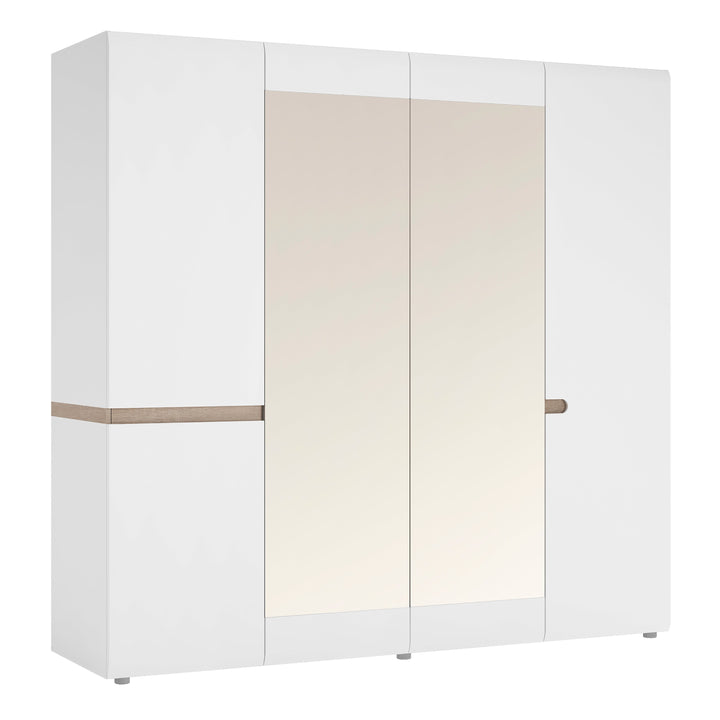 Chelsea 4 Door Wardrobe with mirrors and Internal shelving in White with Oak Trim - TidySpaces