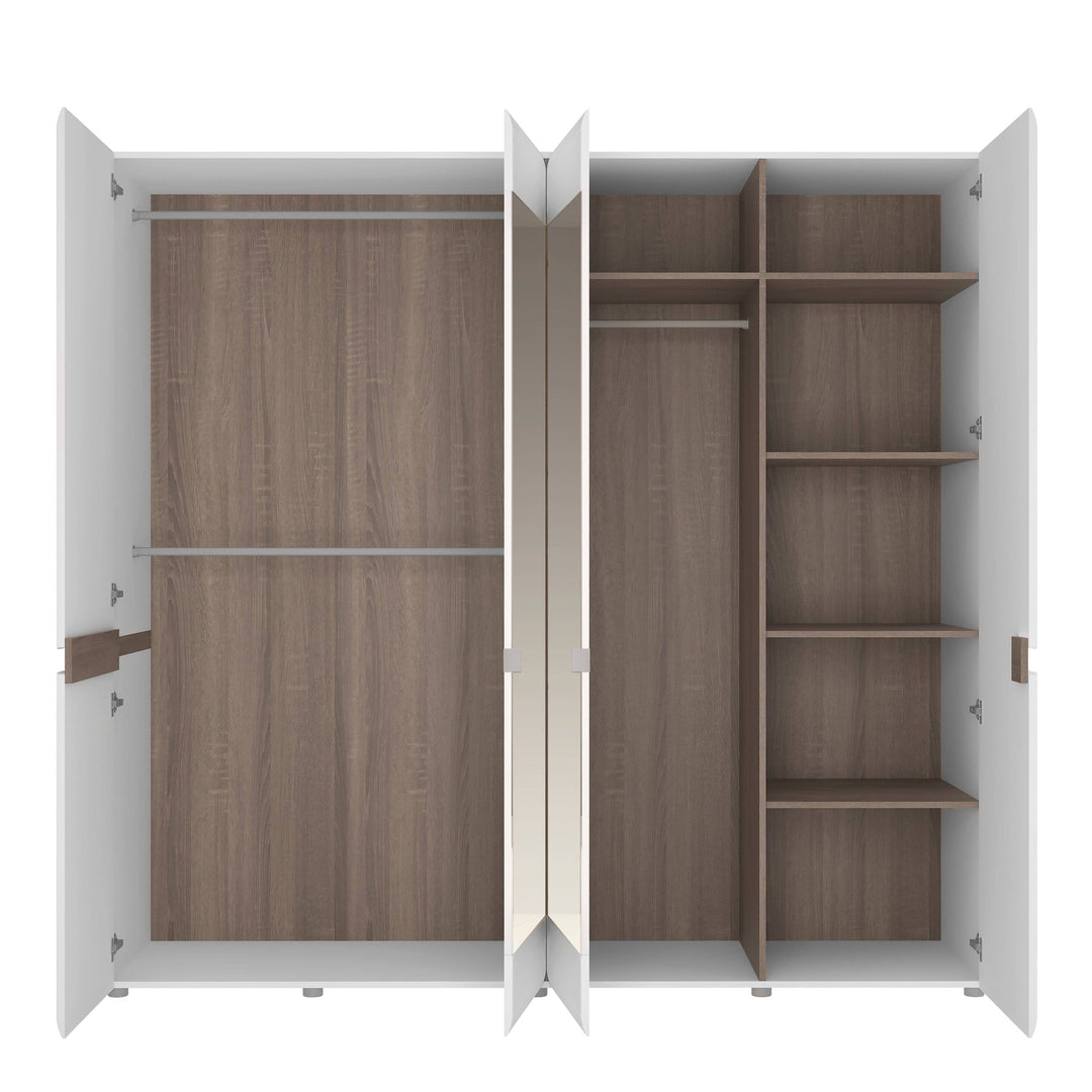 Chelsea 4 Door Wardrobe with mirrors and Internal shelving in White with Oak Trim - TidySpaces