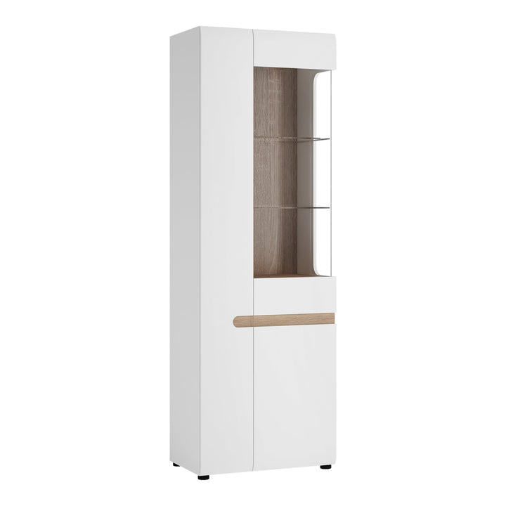 Chelsea Tall Glazed Narrow Display unit (LHD) in White with Oak Trim - TidySpaces