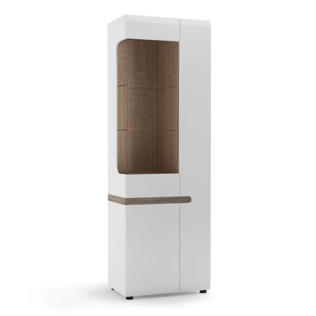 Chelsea Tall Glazed Narrow Display unit (RHD) in White with Oak Trim - TidySpaces