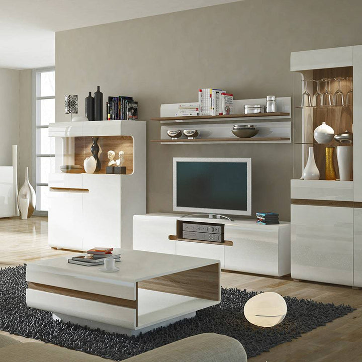 Chelsea Wide TV unit with opening in White with Oak Trim - TidySpaces