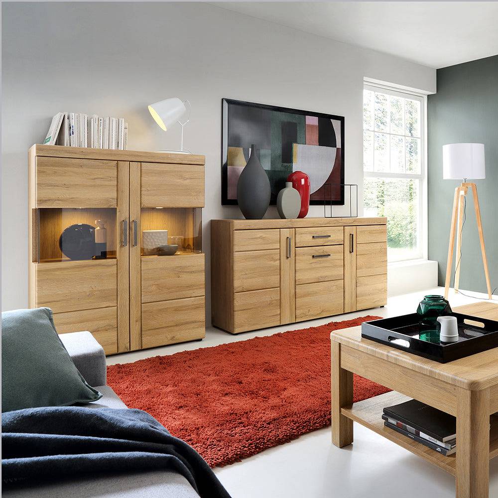 Cortina Low wide 2 door display cabinet in Grandson Oak - TidySpaces