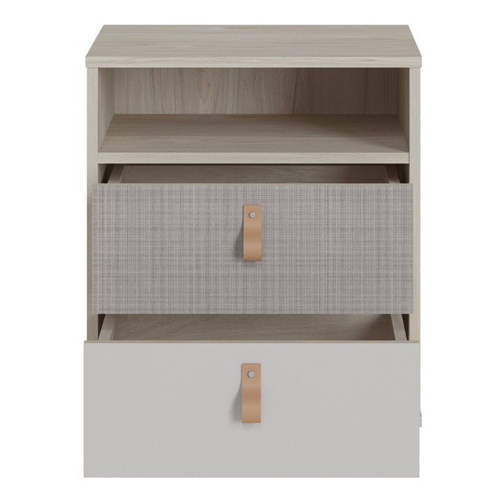 Denim 2 Drawer Bedside Cabinet in Light Walnut, Grey Fabric Effect and Cashmere