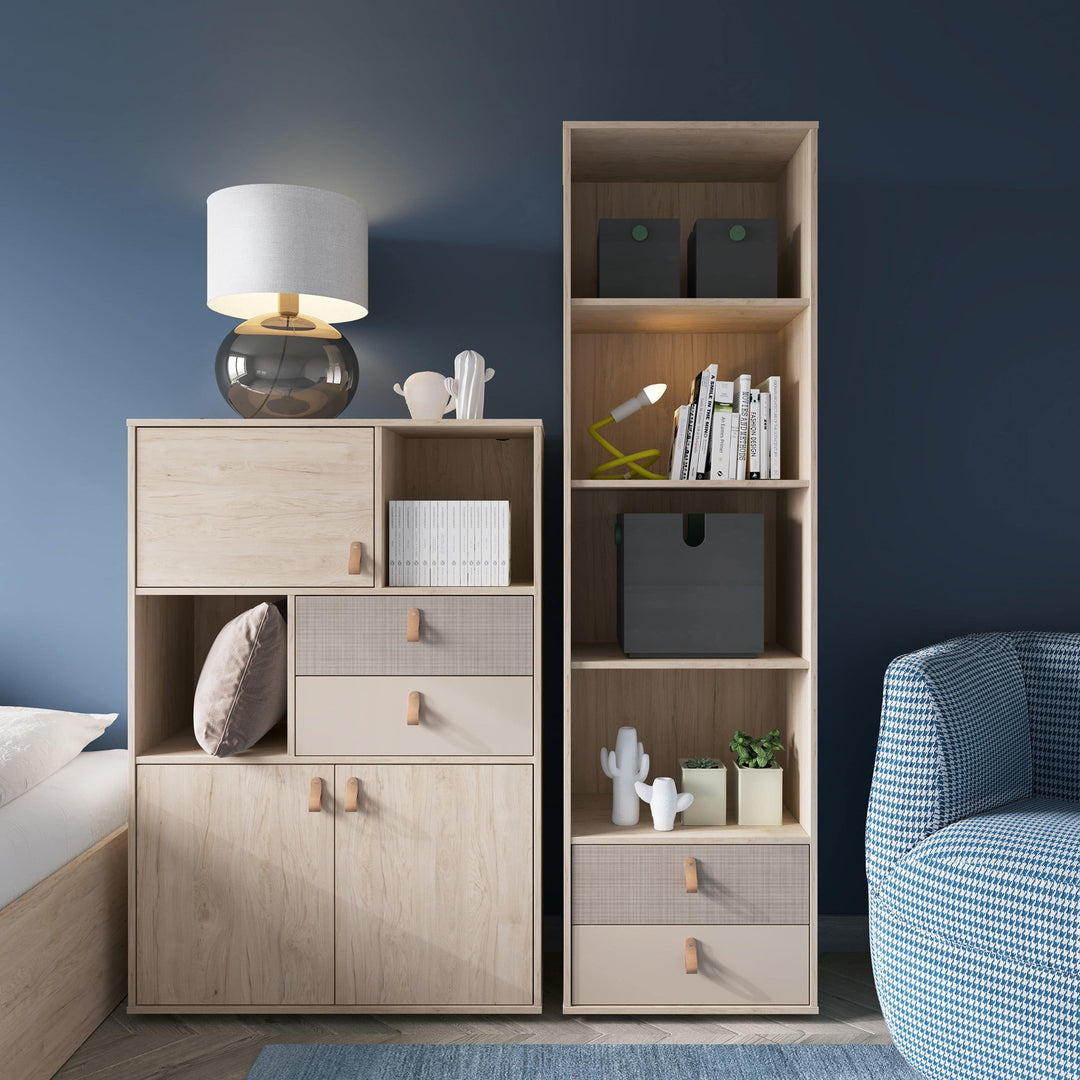 Denim 3 Door 2 Drawer Cabinet in Light Walnut, Grey Fabric Effect and Cashmere - TidySpaces