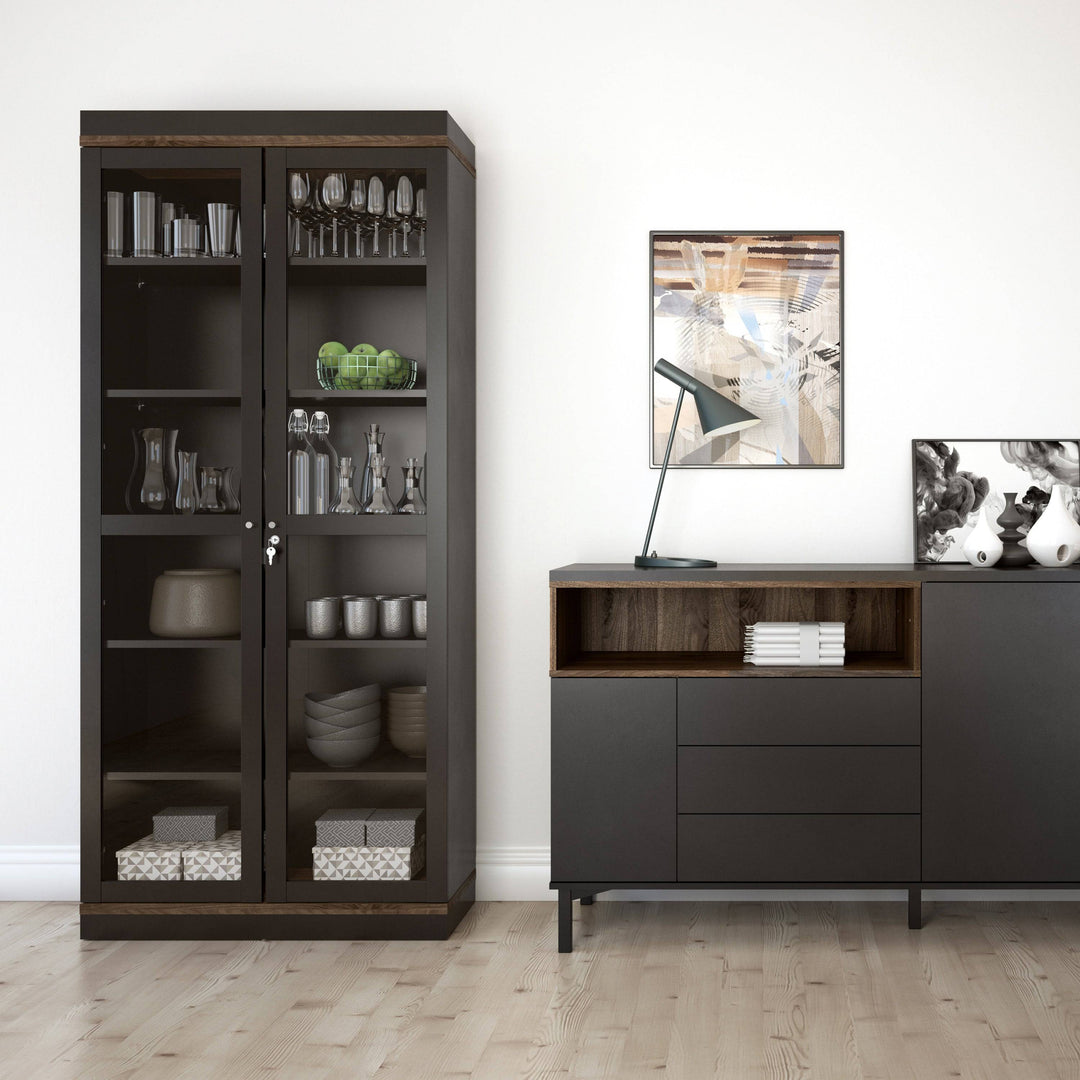 Display Cabinet Glazed 2 Doors in Black and Walnut - TidySpaces