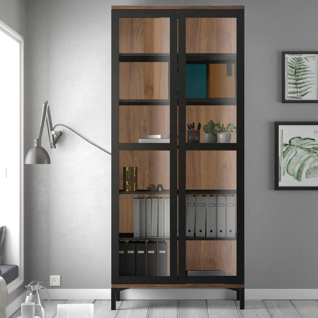 Display Cabinet Glazed 2 Doors in Black and Walnut - TidySpaces