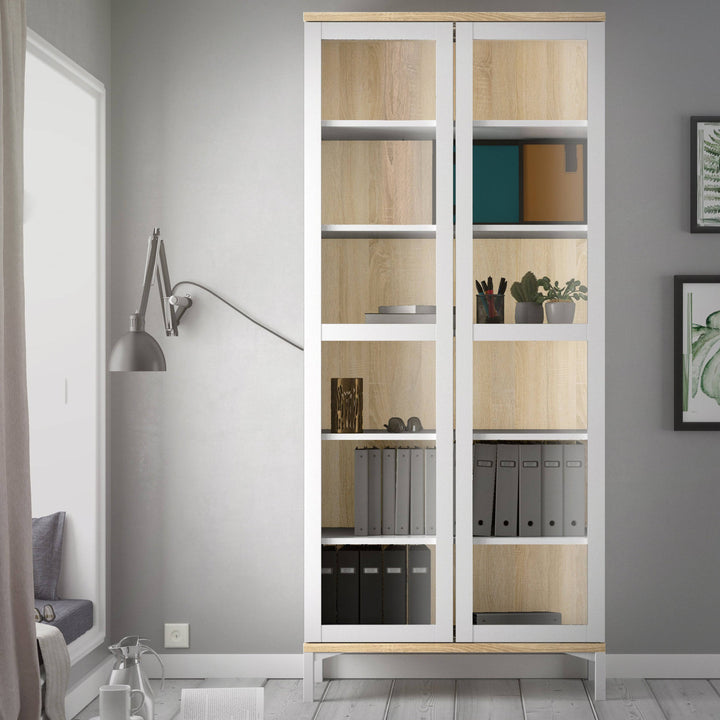 Display Cabinet Glazed 2 Doors in White and Oak - TidySpaces