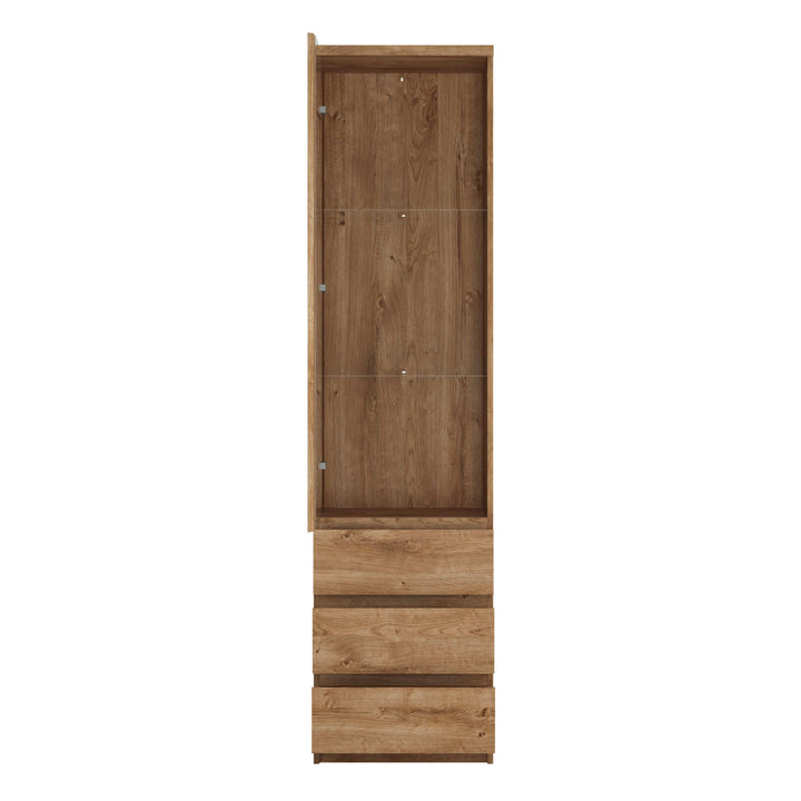 Fribo Tall narrow 1 door 3 drawer glazed display cabinet in Oak - TidySpaces