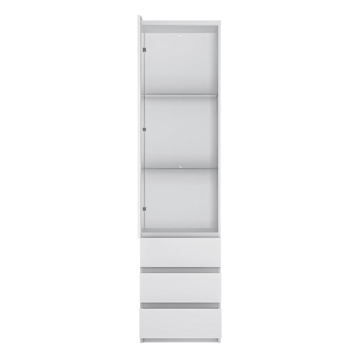 Fribo Tall narrow 1 door 3 drawer glazed display cabinet in White - TidySpaces