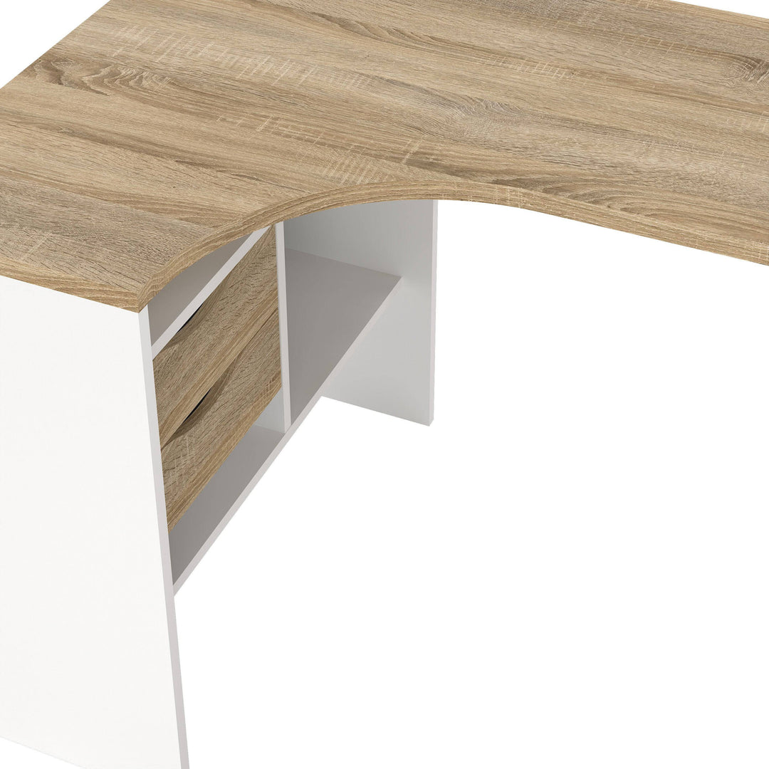 Function Plus Corner Desk 2 Drawers in White and Oak
