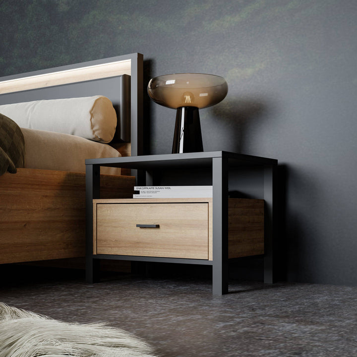 High Rock Bedside in Matt Black/Riviera Oak - TidySpaces