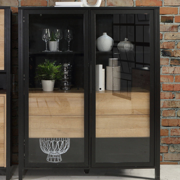 High Rock Extra Wide Display Cabinet in Matt Black/Riviera Oak - TidySpaces