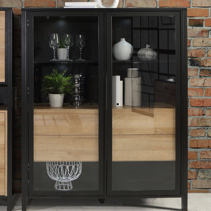 High Rock Extra Wide Display Cabinet in Matt Black/Riviera Oak - TidySpaces