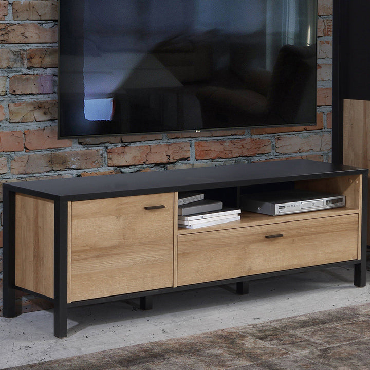 High Rock TV Unit in Matt Black/Riviera Oak - TidySpaces