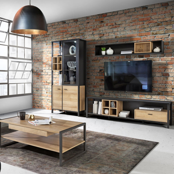 High Rock Wide TV Unit in Matt Black/Riviera Oak - TidySpaces