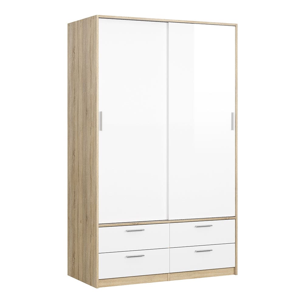 Line Wardrobe - 2 Doors 4 Drawers in Oak with White High Gloss - TidySpaces